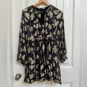 Zara Voluminous Black & Metallic Gold Floral Mini Dress. Size XS